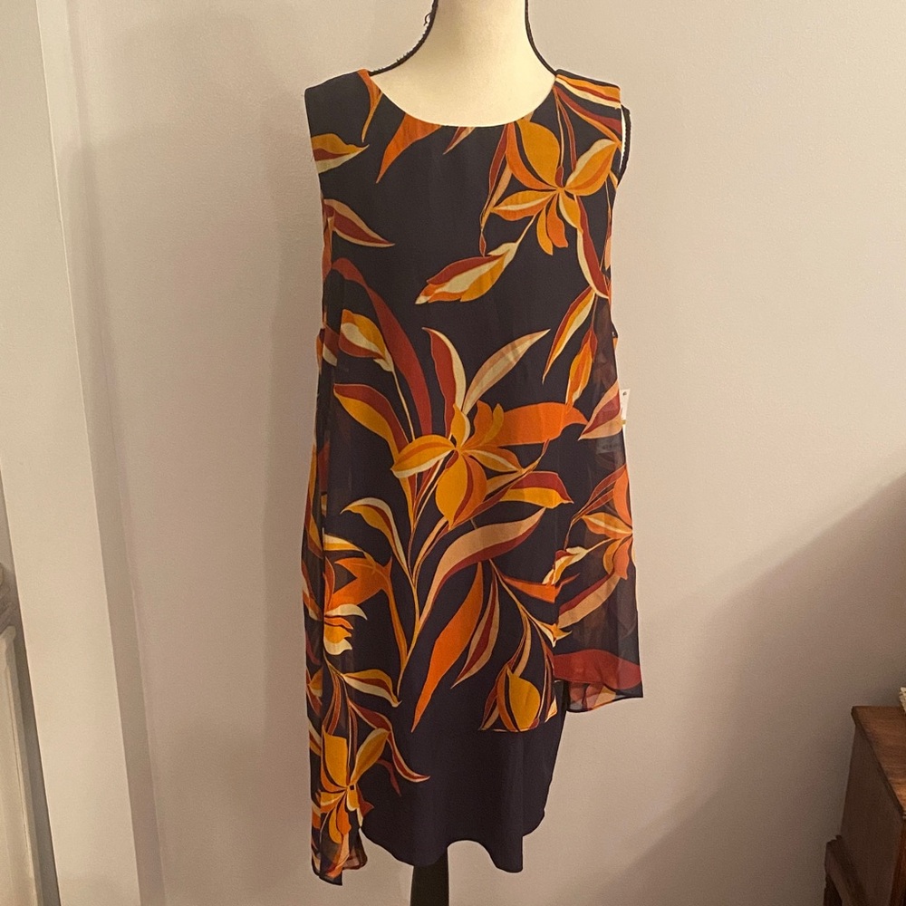 NWT SLNY asymmetric dress size 14  black with print overlay